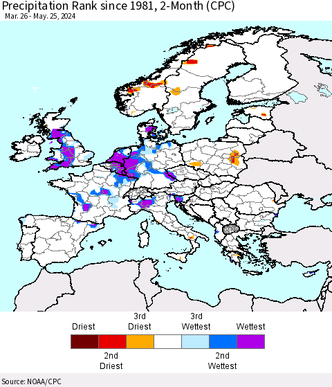 Europe Precipitation Rank since 1981, 2-Month (CPC) Thematic Map For 3/26/2024 - 5/25/2024