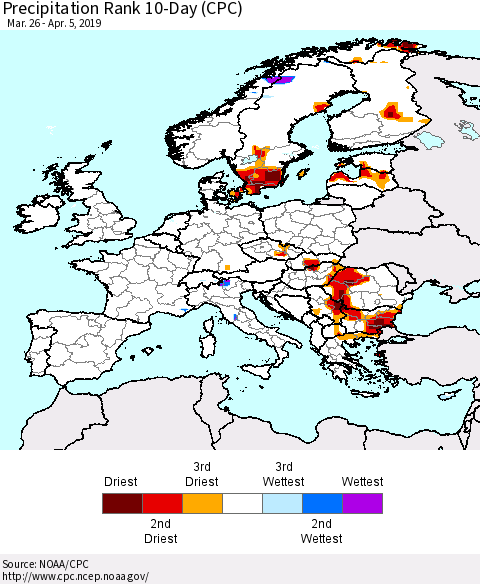 Europe Precipitation Rank since 1981, 10-Day (CPC) Thematic Map For 3/26/2019 - 4/5/2019