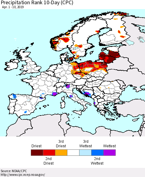 Europe Precipitation Rank 10-Day (CPC) Thematic Map For 4/1/2019 - 4/10/2019