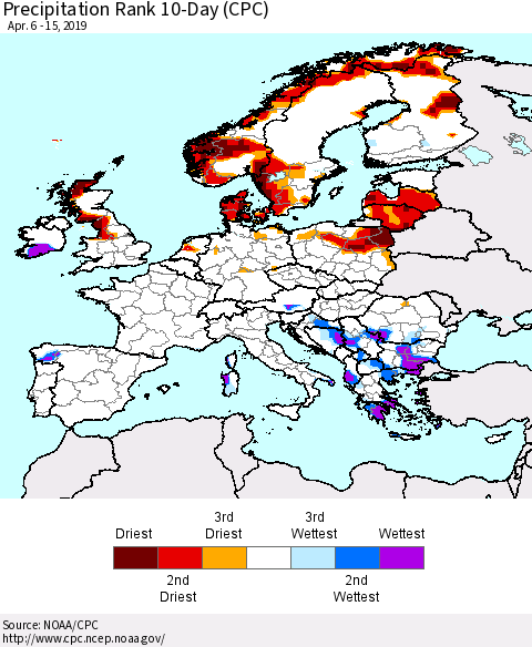 Europe Precipitation Rank since 1981, 10-Day (CPC) Thematic Map For 4/6/2019 - 4/15/2019