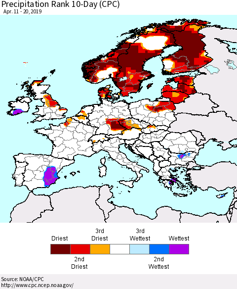 Europe Precipitation Rank 10-Day (CPC) Thematic Map For 4/11/2019 - 4/20/2019