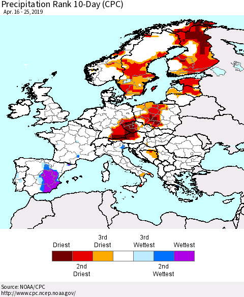 Europe Precipitation Rank since 1981, 10-Day (CPC) Thematic Map For 4/16/2019 - 4/25/2019