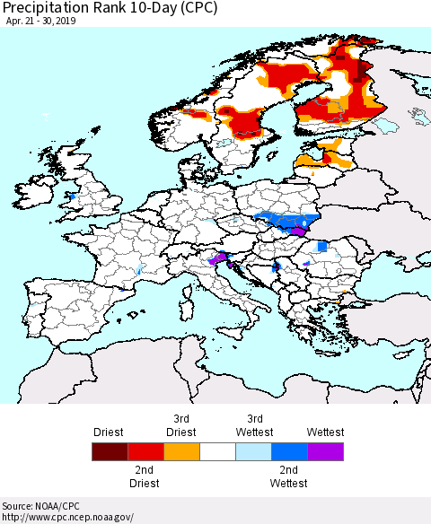 Europe Precipitation Rank 10-Day (CPC) Thematic Map For 4/21/2019 - 4/30/2019