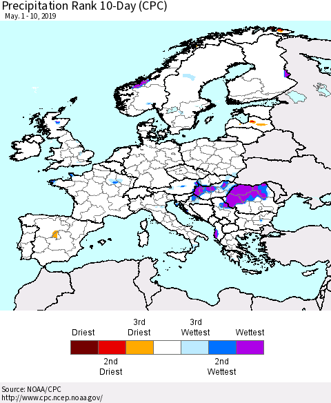 Europe Precipitation Rank 10-Day (CPC) Thematic Map For 5/1/2019 - 5/10/2019