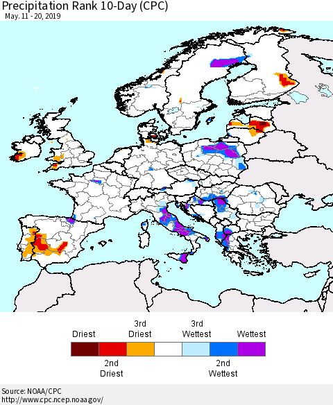 Europe Precipitation Rank 10-Day (CPC) Thematic Map For 5/11/2019 - 5/20/2019
