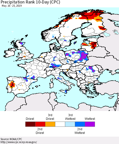 Europe Precipitation Rank 10-Day (CPC) Thematic Map For 5/16/2019 - 5/25/2019