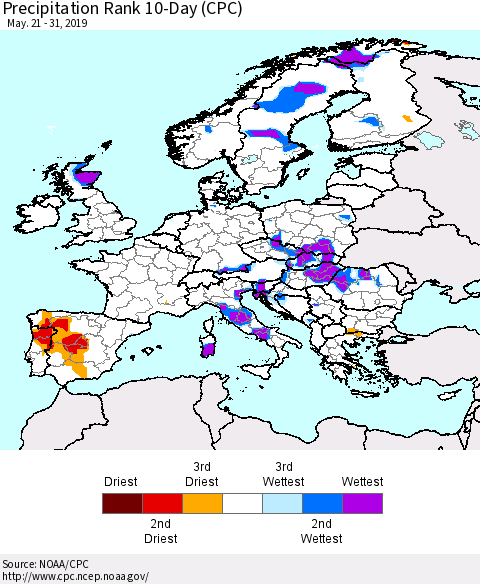 Europe Precipitation Rank 10-Day (CPC) Thematic Map For 5/21/2019 - 5/31/2019