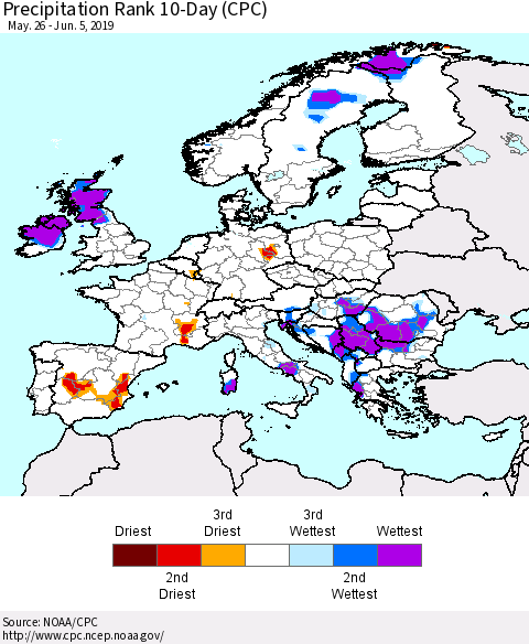 Europe Precipitation Rank 10-Day (CPC) Thematic Map For 5/26/2019 - 6/5/2019