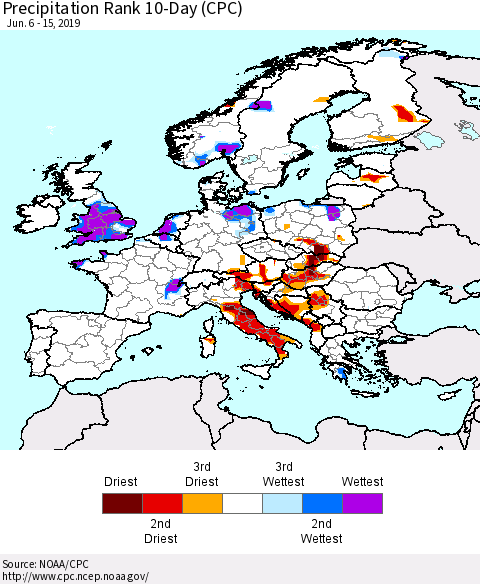 Europe Precipitation Rank 10-Day (CPC) Thematic Map For 6/6/2019 - 6/15/2019