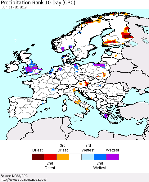 Europe Precipitation Rank since 1981, 10-Day (CPC) Thematic Map For 6/11/2019 - 6/20/2019