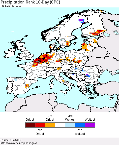 Europe Precipitation Rank 10-Day (CPC) Thematic Map For 6/21/2019 - 6/30/2019