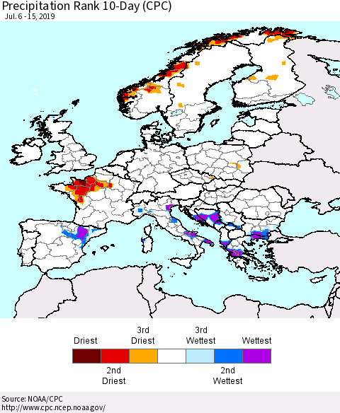 Europe Precipitation Rank 10-Day (CPC) Thematic Map For 7/6/2019 - 7/15/2019