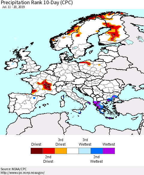 Europe Precipitation Rank 10-Day (CPC) Thematic Map For 7/11/2019 - 7/20/2019