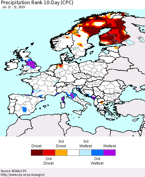 Europe Precipitation Rank since 1981, 10-Day (CPC) Thematic Map For 7/21/2019 - 7/31/2019
