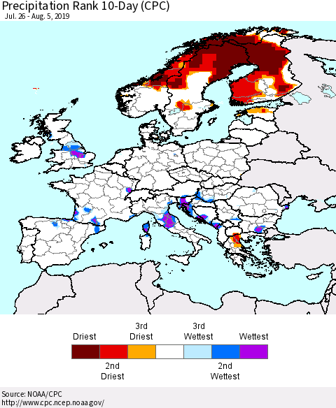Europe Precipitation Rank since 1981, 10-Day (CPC) Thematic Map For 7/26/2019 - 8/5/2019