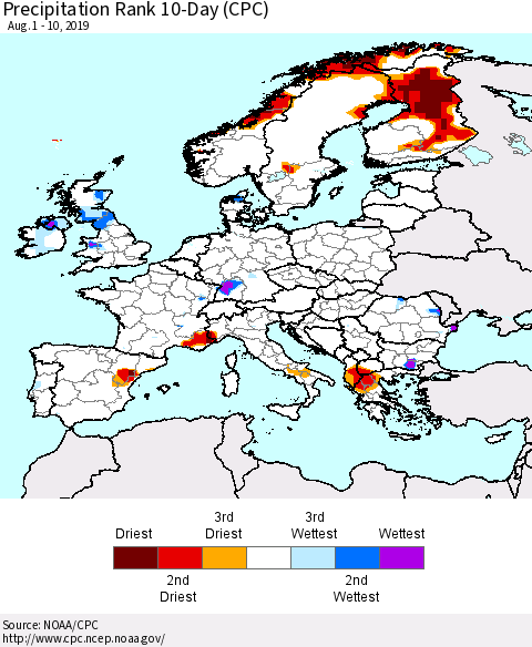 Europe Precipitation Rank since 1981, 10-Day (CPC) Thematic Map For 8/1/2019 - 8/10/2019