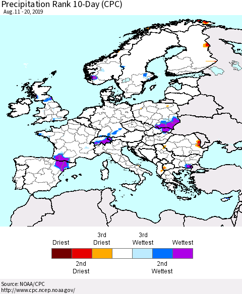 Europe Precipitation Rank 10-Day (CPC) Thematic Map For 8/11/2019 - 8/20/2019