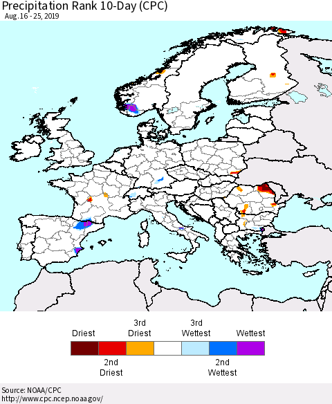 Europe Precipitation Rank 10-Day (CPC) Thematic Map For 8/16/2019 - 8/25/2019