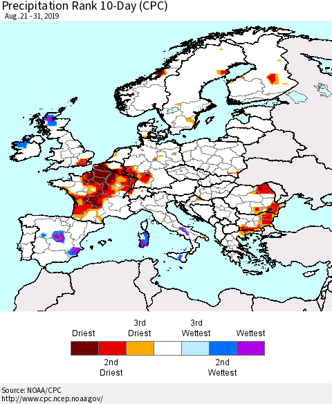Europe Precipitation Rank 10-Day (CPC) Thematic Map For 8/21/2019 - 8/31/2019