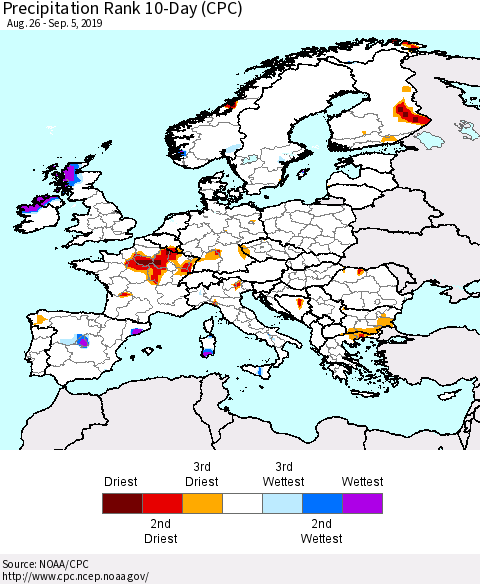 Europe Precipitation Rank 10-Day (CPC) Thematic Map For 8/26/2019 - 9/5/2019