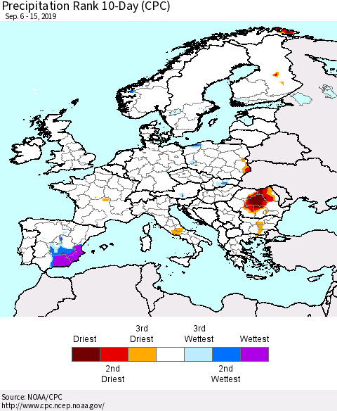 Europe Precipitation Rank 10-Day (CPC) Thematic Map For 9/6/2019 - 9/15/2019