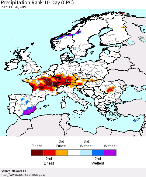 Europe Precipitation Rank 10-Day (CPC) Thematic Map For 9/11/2019 - 9/20/2019