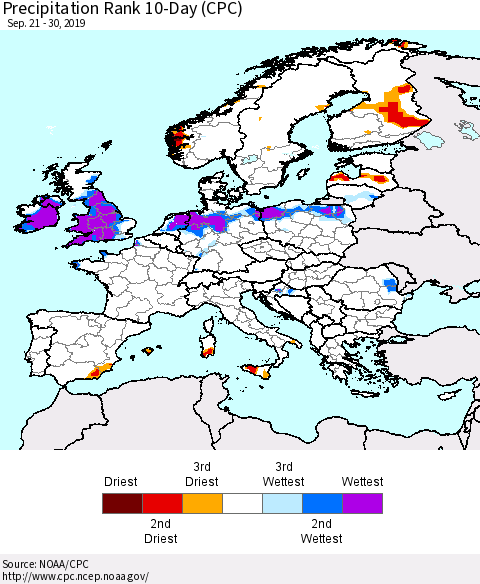 Europe Precipitation Rank since 1981, 10-Day (CPC) Thematic Map For 9/21/2019 - 9/30/2019