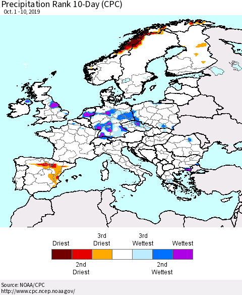 Europe Precipitation Rank since 1981, 10-Day (CPC) Thematic Map For 10/1/2019 - 10/10/2019