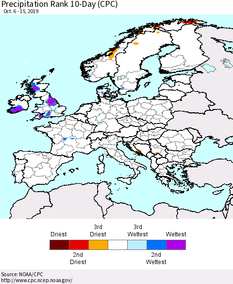 Europe Precipitation Rank 10-Day (CPC) Thematic Map For 10/6/2019 - 10/15/2019