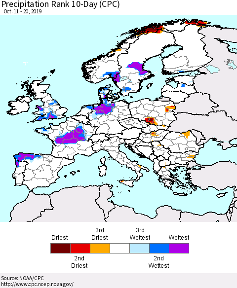 Europe Precipitation Rank 10-Day (CPC) Thematic Map For 10/11/2019 - 10/20/2019