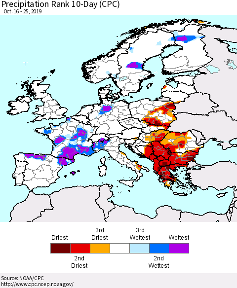 Europe Precipitation Rank 10-Day (CPC) Thematic Map For 10/16/2019 - 10/25/2019