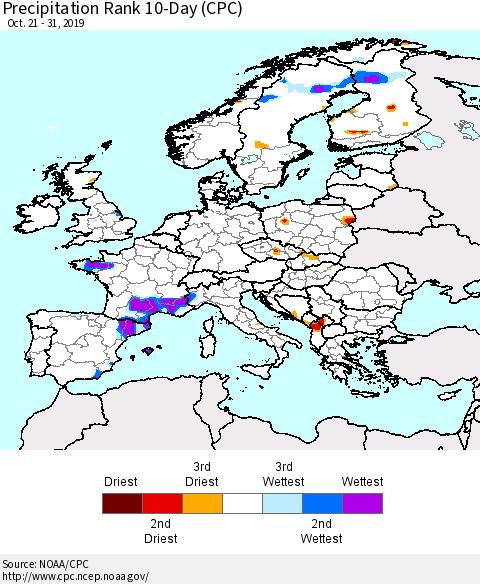 Europe Precipitation Rank since 1981, 10-Day (CPC) Thematic Map For 10/21/2019 - 10/31/2019