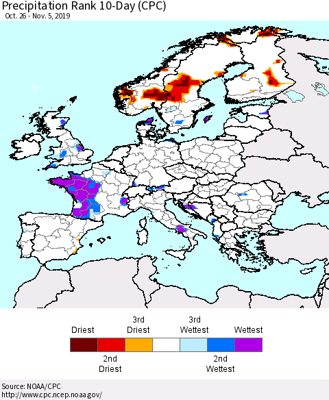 Europe Precipitation Rank 10-Day (CPC) Thematic Map For 10/26/2019 - 11/5/2019