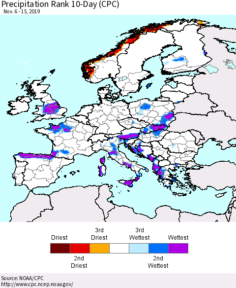 Europe Precipitation Rank 10-Day (CPC) Thematic Map For 11/6/2019 - 11/15/2019