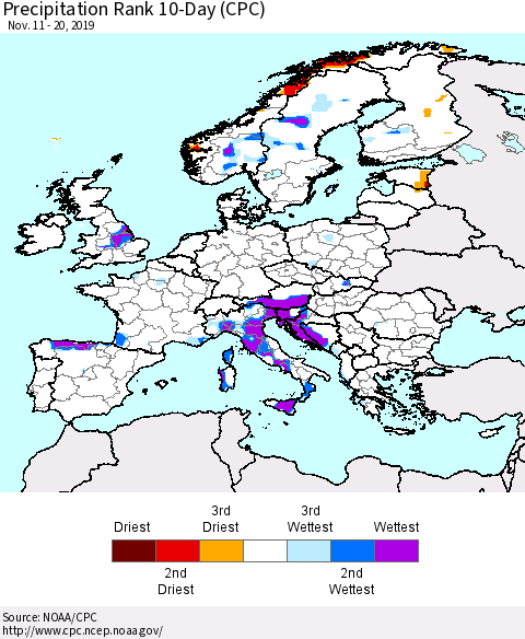 Europe Precipitation Rank 10-Day (CPC) Thematic Map For 11/11/2019 - 11/20/2019