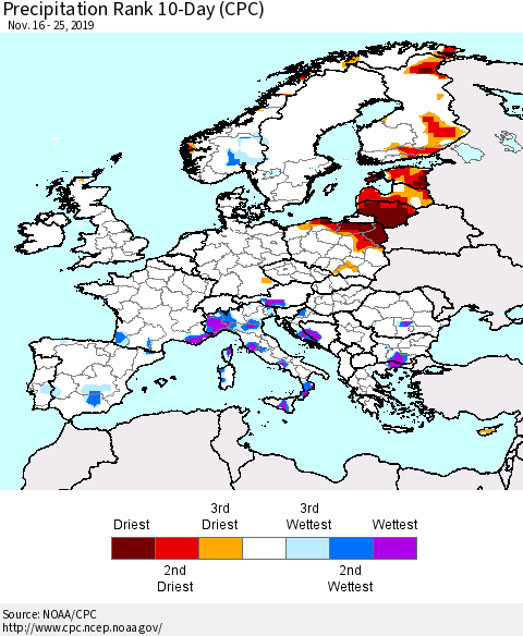 Europe Precipitation Rank 10-Day (CPC) Thematic Map For 11/16/2019 - 11/25/2019