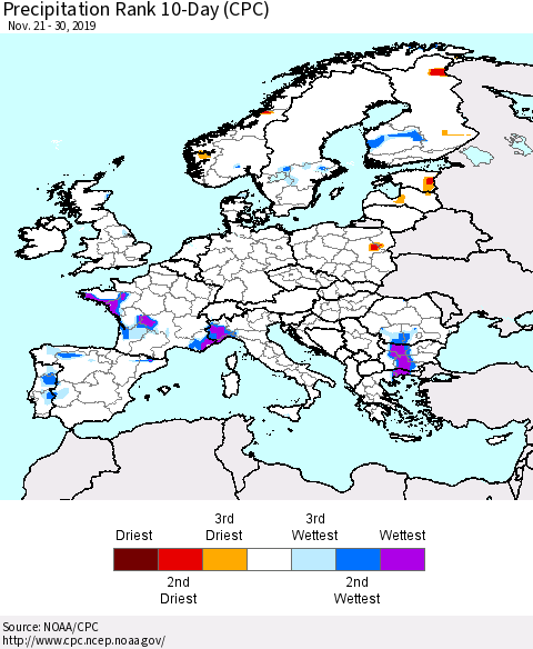 Europe Precipitation Rank since 1981, 10-Day (CPC) Thematic Map For 11/21/2019 - 11/30/2019