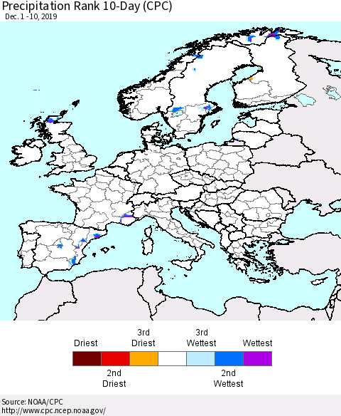 Europe Precipitation Rank 10-Day (CPC) Thematic Map For 12/1/2019 - 12/10/2019