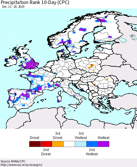 Europe Precipitation Rank since 1981, 10-Day (CPC) Thematic Map For 12/11/2019 - 12/20/2019