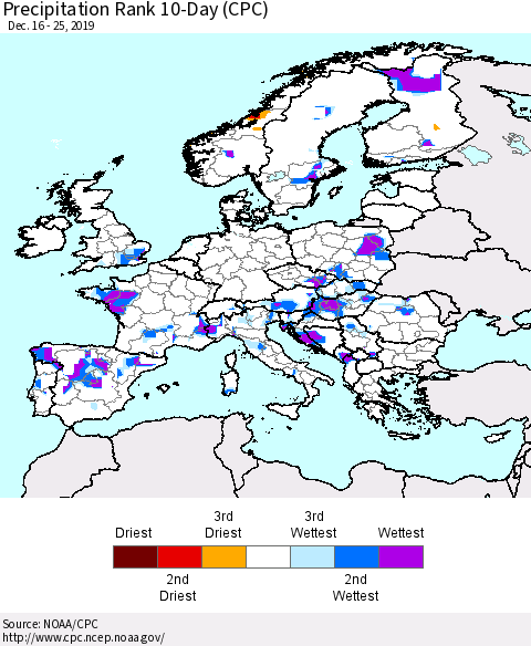 Europe Precipitation Rank since 1981, 10-Day (CPC) Thematic Map For 12/16/2019 - 12/25/2019