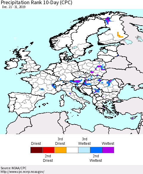 Europe Precipitation Rank 10-Day (CPC) Thematic Map For 12/21/2019 - 12/31/2019