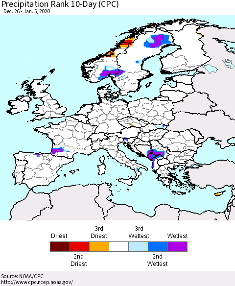 Europe Precipitation Rank since 1981, 10-Day (CPC) Thematic Map For 12/26/2019 - 1/5/2020