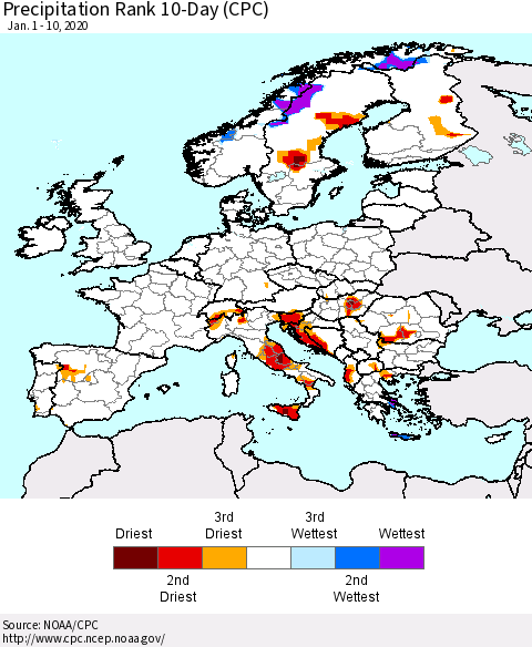Europe Precipitation Rank 10-Day (CPC) Thematic Map For 1/1/2020 - 1/10/2020