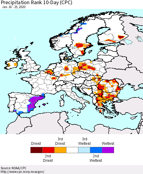 Europe Precipitation Rank 10-Day (CPC) Thematic Map For 1/16/2020 - 1/25/2020