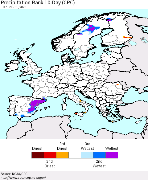 Europe Precipitation Rank 10-Day (CPC) Thematic Map For 1/21/2020 - 1/31/2020