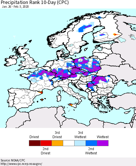 Europe Precipitation Rank 10-Day (CPC) Thematic Map For 1/26/2020 - 2/5/2020