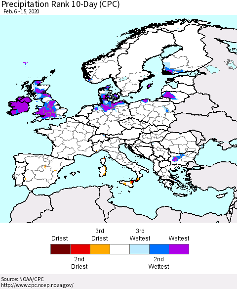 Europe Precipitation Rank 10-Day (CPC) Thematic Map For 2/6/2020 - 2/15/2020