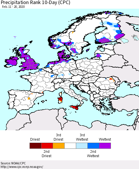 Europe Precipitation Rank since 1981, 10-Day (CPC) Thematic Map For 2/11/2020 - 2/20/2020