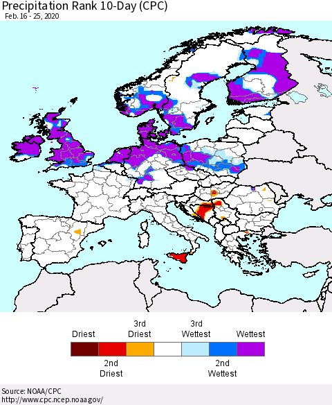 Europe Precipitation Rank since 1981, 10-Day (CPC) Thematic Map For 2/16/2020 - 2/25/2020