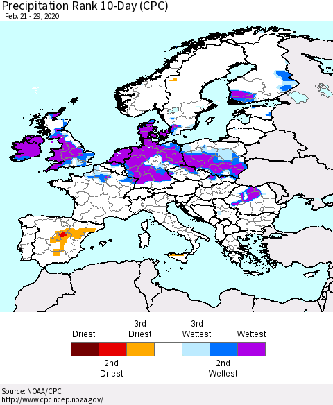 Europe Precipitation Rank since 1981, 10-Day (CPC) Thematic Map For 2/21/2020 - 2/29/2020